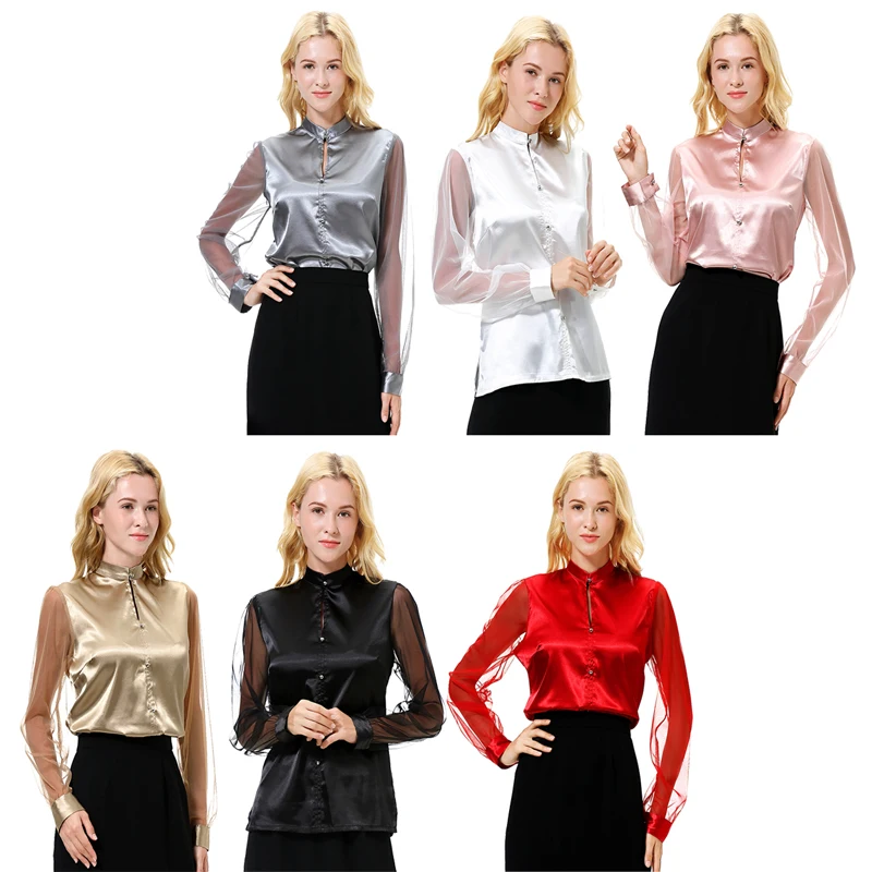 

New 2019 Women's Summer Loose Top Long Sleeve Shirt Leisure Shirt Fashion Long Sleeve Simulated Silk Mesh Top Shirt