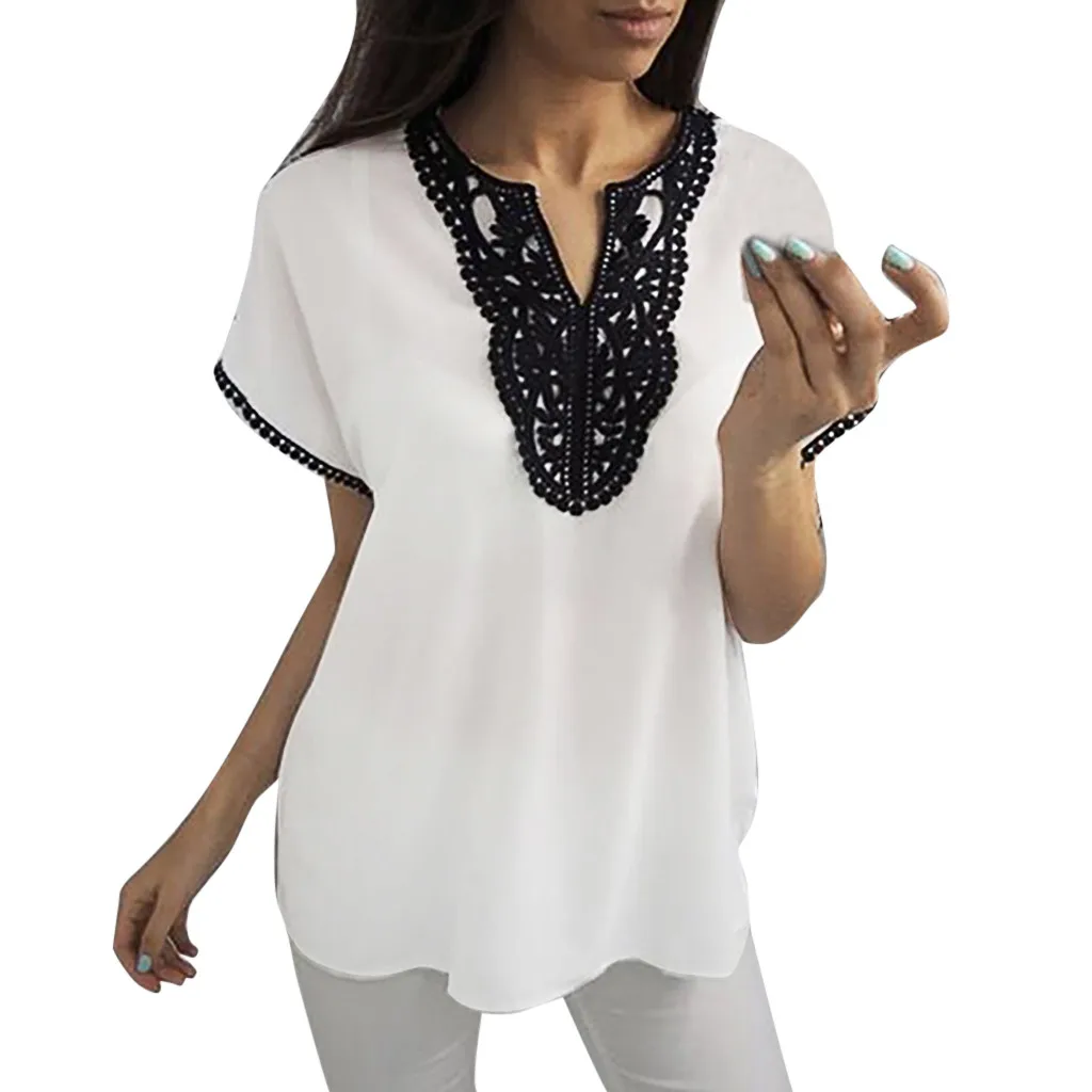 

FREE OSTRICH Women Shirts Chiffon Patchwork V-Neck Plus Size Splicing Lace Short Sleeve Temperament Elegant Summer Blouse Shirts