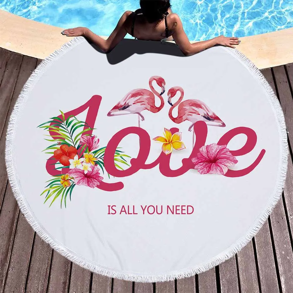 

Lannidaa Love Pink Swan Flamingo And Flowers Round Beach Towel For Adults Gift Microfiber Towel Terry Travel Serviette Plage