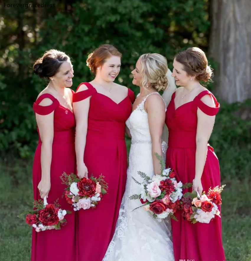 Elegant Off Shoulder Bridesmaids Dresses 2019 A Line Floor Length Country Wedding Guest Dress Formal BM0184  74