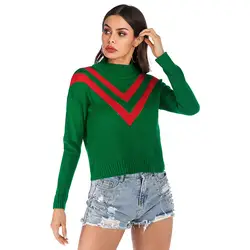 Женские трикотажные изделия 2019 Модные свободные однотонные зеленые полосатые женские невысокая горловина свитер Осенняя женская верхняя