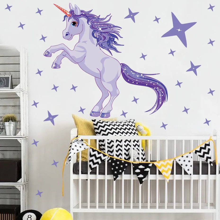 

Cute Cartoon Unicorn Purple Horse Stars Wall Sticker Wallpaper Home Room Decor Decal Diy Cartoon Decals For Kid Girls Room Decor