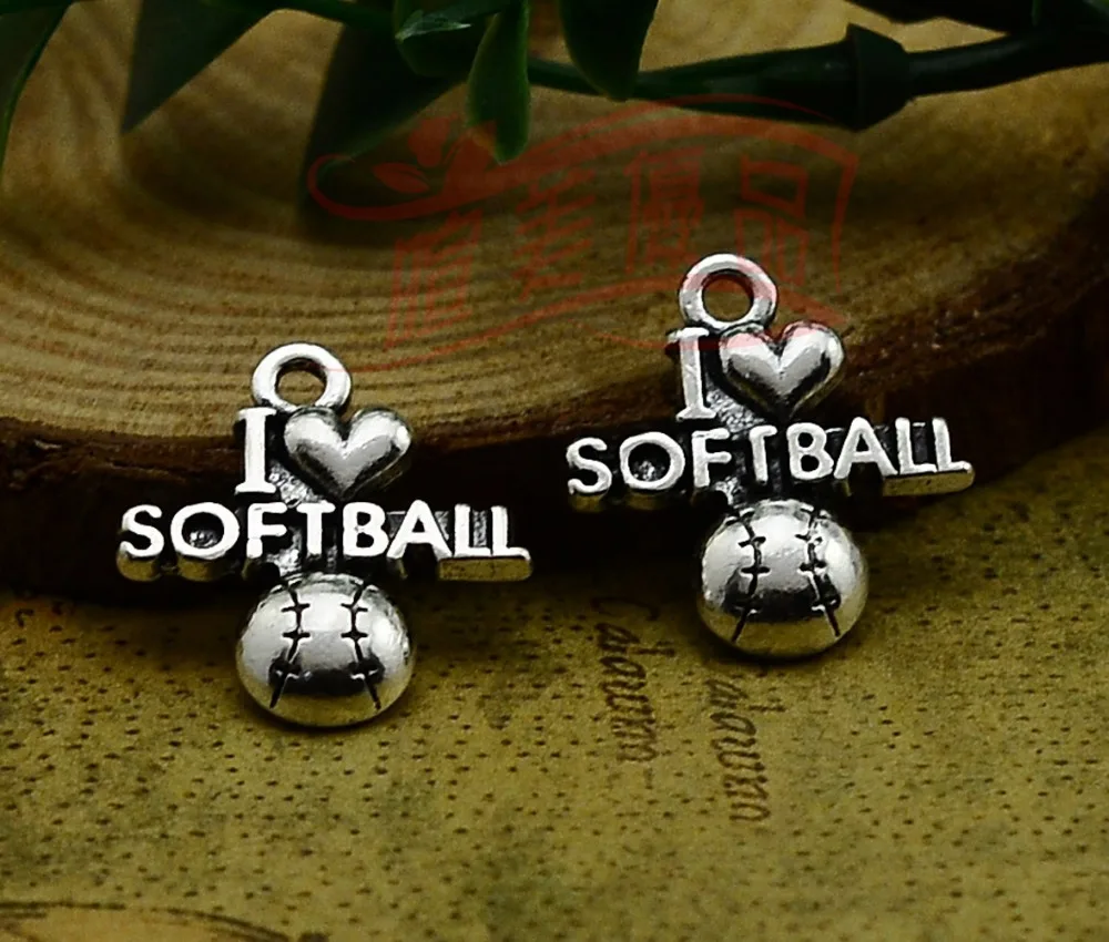 20pcs/lot 20x19mm, Antique silver plated I love softball charms,DIY
