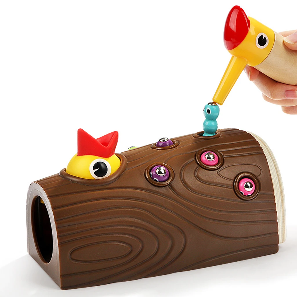 Wooden Stump Magnetic Caterpillar Catching Game, Kids Feed the Woodpecker Montessori Educational Toy