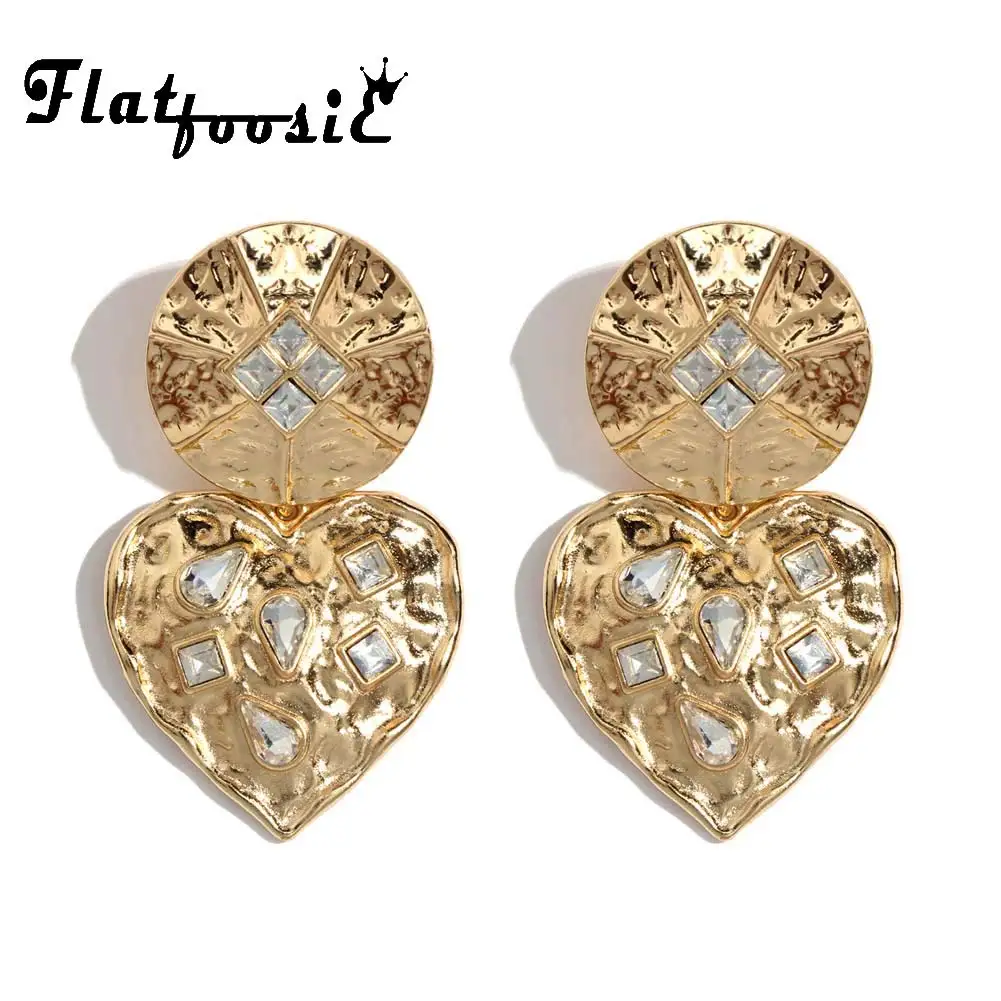 

Flatfoosie New vintage fashion women metal Crystal TEXTURED EARRINGS earring vintage statement fashion za Stud Earring for Women