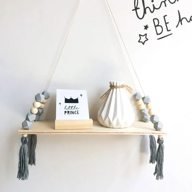 

Nordic Style Colorful Wood Beads Shelve With tassel Clapboard Decoration Kids Bedroom Display Stand Home Wall Decorative Stand