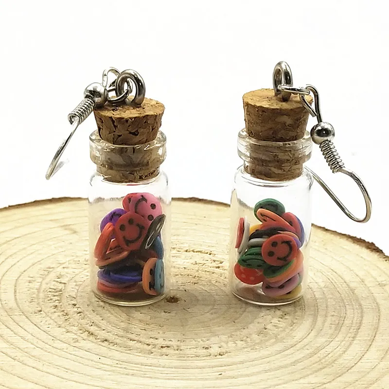 

Model Soft Ceramic Smiley face, expression & Glass Bottle Earring Women's Fashion Creative Jewelry Hand-made DIY Personal Gifts