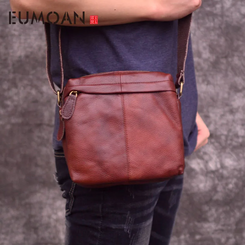 EUMOAN Vintage small bag, men's casual stiletto bag, head leather shoulder bag