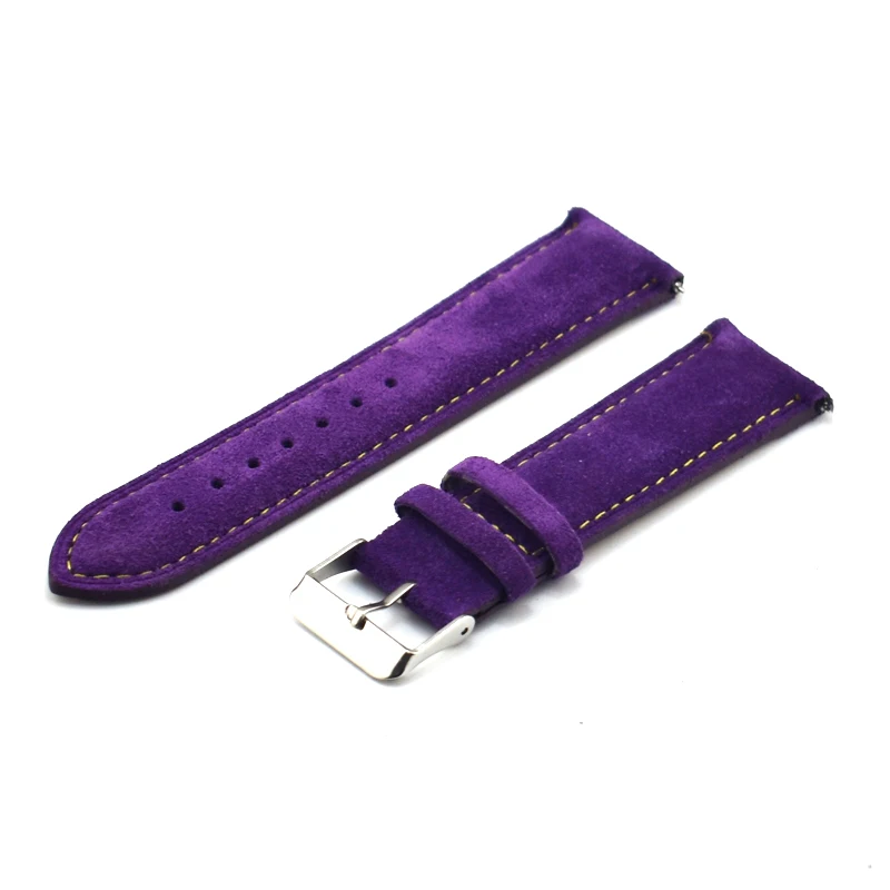 Винтажный замшевый кожаный ремешок для часов ручной работы, браслет из натуральной кожи 20 мм, 22 мм, ремешок для часов с застежкой, мягкий ремешок для часов KZSP01 - Цвет ремешка: Purple-Yellow Line