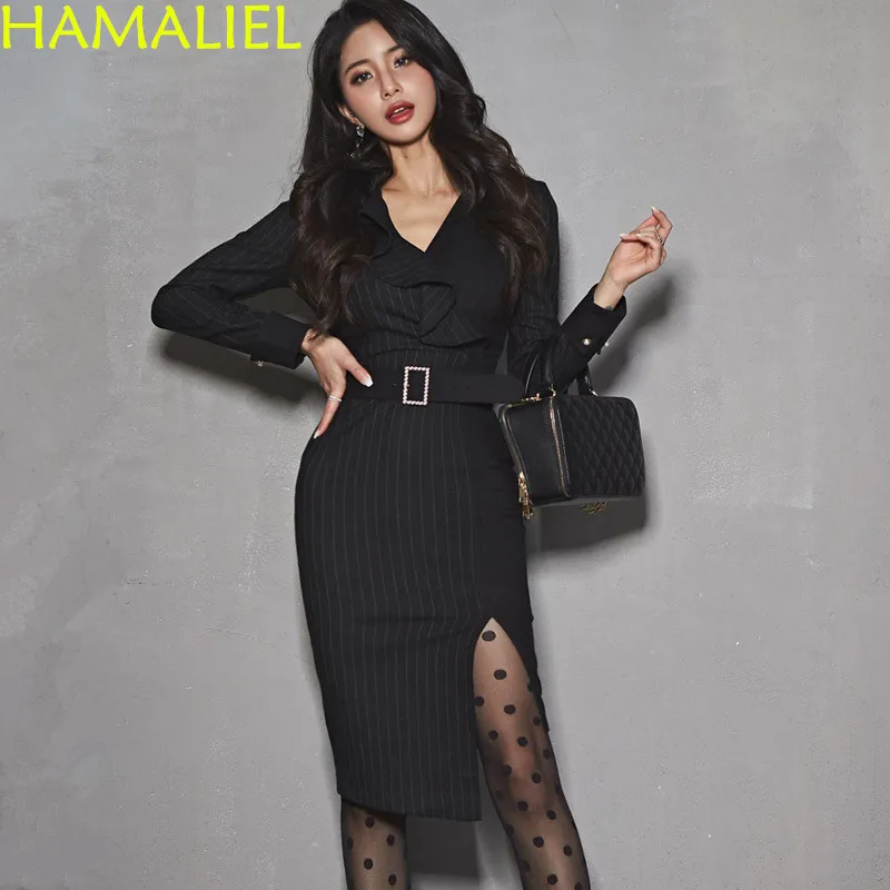 

HAMALIEL Korean Spring Split Sheath Dress 2019 Women Black Striped Patchwork Ruffles Bodycon Dress Sexy V Neck Office OL Dress