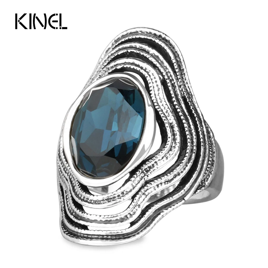 

Kinel Luxury Vintage Blue Glass Ring Fashion Jewelry Color Ancient Silver Rings For Women New Year Gift Crystal