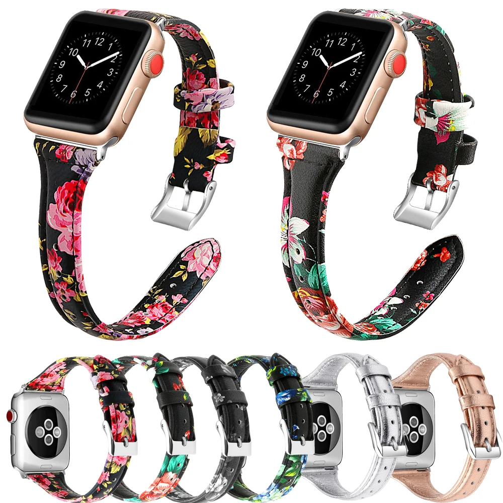 Ремешок с цветами для Apple Watch кожаный браслет iWatch 4 3 2 40 мм 9 видов цвета розового
