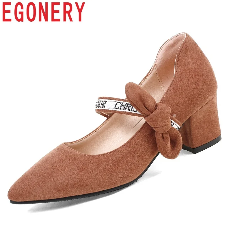 

EGONERY shoes women 2019 spring new fashion sexy flock women pumps shallow slip-on bowties pointed toe outside plus size shoes