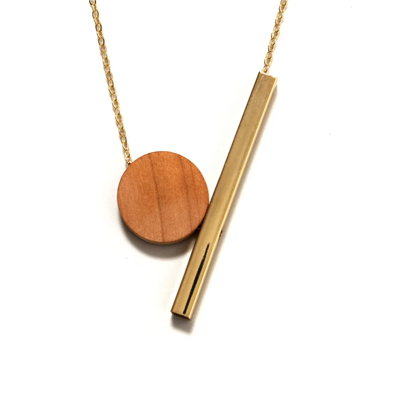 ENZE free shipping fashionable woman new jewelry Minimalist Lady necklace Geometric round wood combination pendant long necklace
