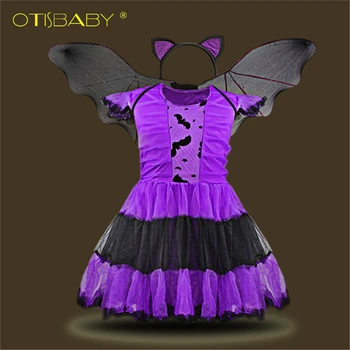 

Summer Girls Purple Bat Cosplay Costume with Wing and Headwear Kids Angel Witch Carnival Fancy Masquerade Party Tutu Dresses