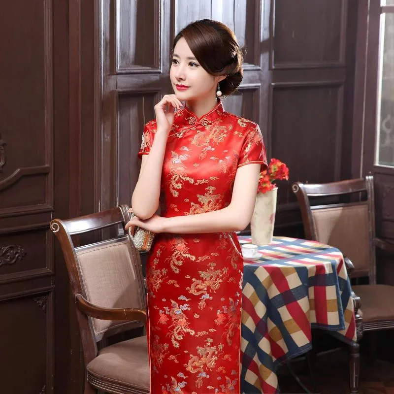 Китайское традиционное платье для женщин Атлас Qipao Дракон Феникс Длинные Cheongsam большой размеры 2XL 3XL