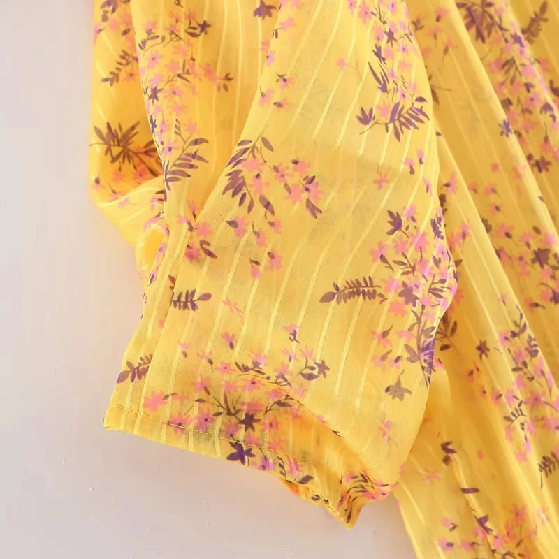 Винтажное шифоновое желтое Цветочное платье, женское летнее платье, бохо Плиссированное длинное платье, корейское вечернее платье, элегантное женское платье