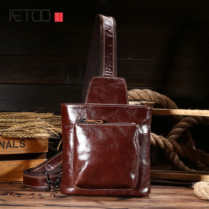 

BJYL New genuine leather men bracelet shoulder bag head layer of cowhide oil wax skirt diagonal package retro leisure chest bags
