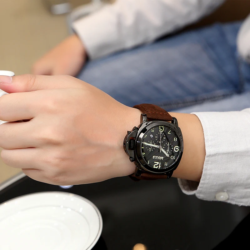 Baogela мужские Часы коричневый кожаный ремешок Мода хронограф Reloj Hombre