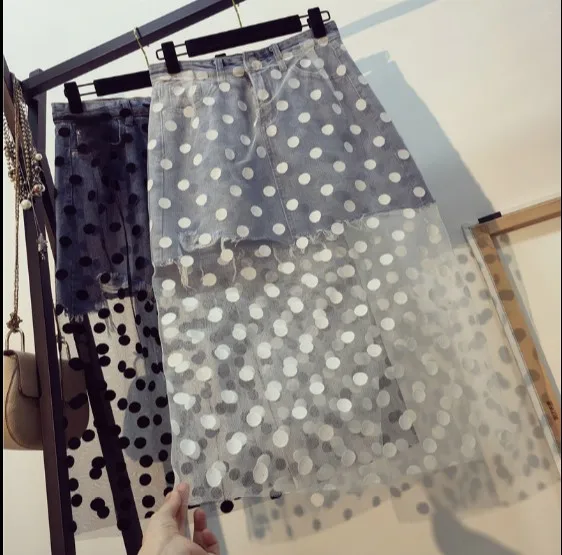 

2019 New Spring and Summer Women's High Waist Denim Stitching Polka Dot Mesh Skirt Female Perspective Gauze Skirts