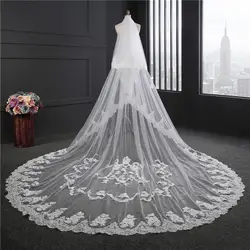 Два слои, Свадебная Фата с расческой собор Длина Кружева Аппликации; Robe De Mariage свадебные аксессуары индивидуальный заказ