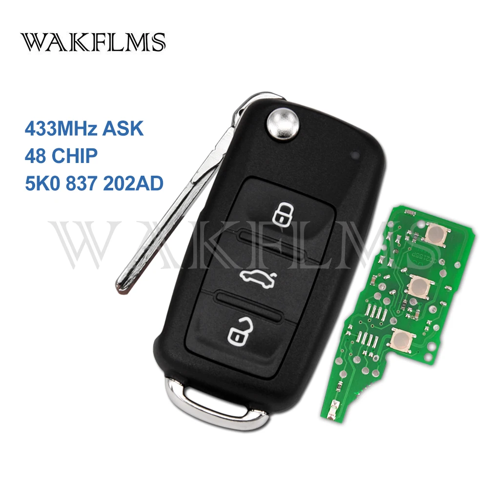 

3btn remote key 5K0837202AD 434MHZ for VW PASSAT GOLF POLO Jetta Tiguan REMOTE KEY FOB with 48 CHIP