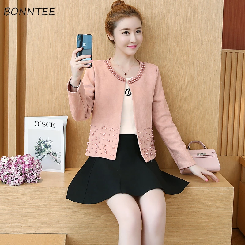 

Jackets Women Simple Elegant Korean Style Slim O-Neck Open Stitch Clothing Womens High Quality Ladies Sweet Pink All-match 2019