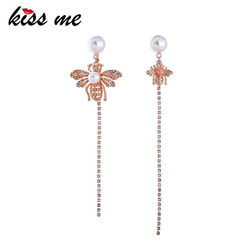 

KISS ME Asymmetric Imitation Pearl Crystal Insect Long Drop Earrings Rose Gold Color Copper Earrings for Women Luxury Jewelry