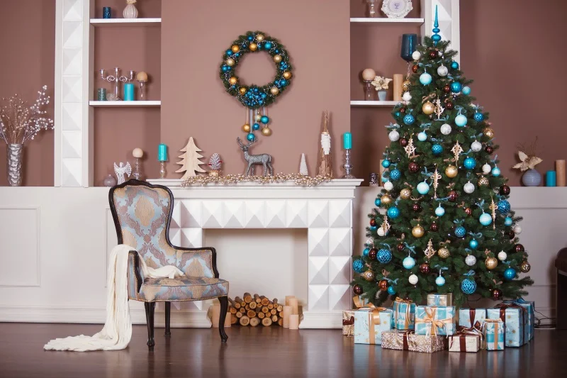 

Laeacco Photo Backdrops Christmas Tree Gift Bauble Fireplace Wreath Chair Child Portrait Photo Background Photocall Photo Studio