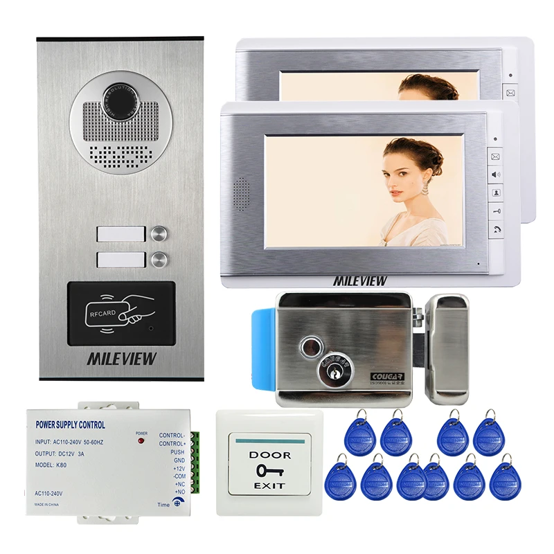 

FREE SHIPPING Apartment 7" LCD Video Door Phone Intercom System 2 Monitors + RFID Access Outdoor Camera 2 Buttons Electric Lock