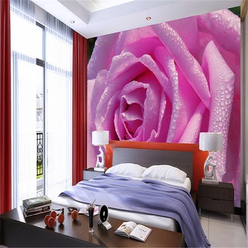 

beibehang Custom Photo Wallpaper 3D HD Flowering Water Drop Pink Rose Background Mural 3D Wallpaper Painting