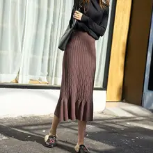 Полосатый бедра пакет оборками вязаная женская юбка осень высокая талия женский свитер миди юбка зима высокое качество DC405