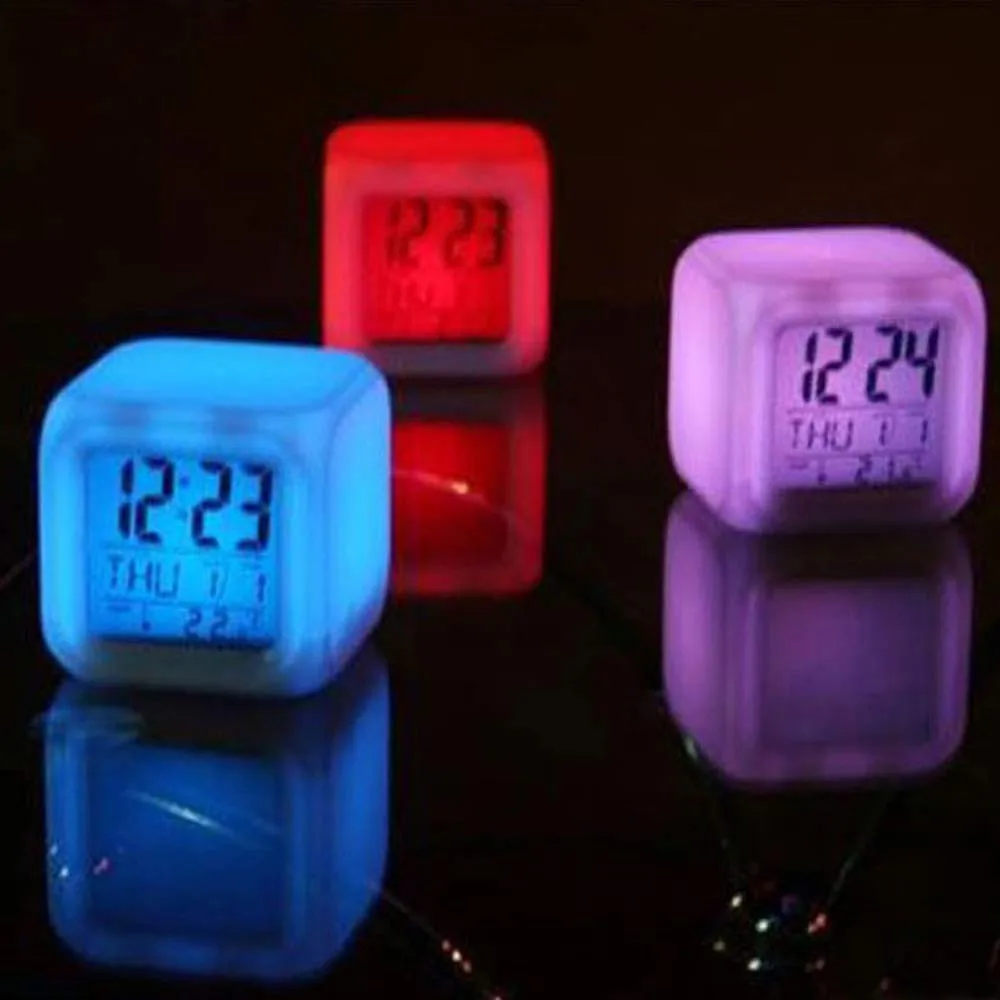 Светодиодный Будильник, 7 цветов, изменяющийся Цифровой настольный гаджет, цифровой будильник, термометр, светящийся куб-ночник, 7 цветов, светодиодный Будильник