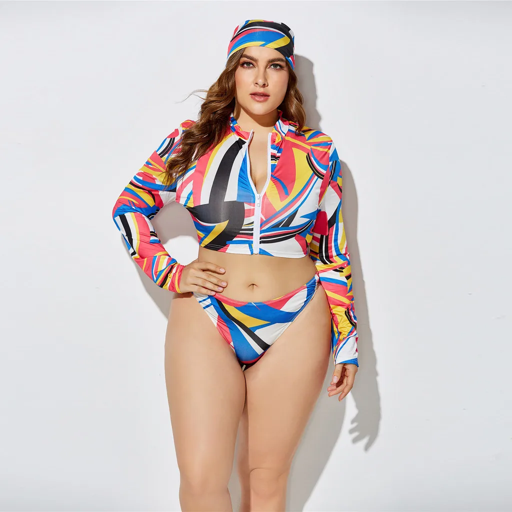 KANCOOLD Three-Piece Women's Swimwear High Waist Printing Long Sleeve Split Suit Brazilian Sexy Bathing Plus Size Swimsuit