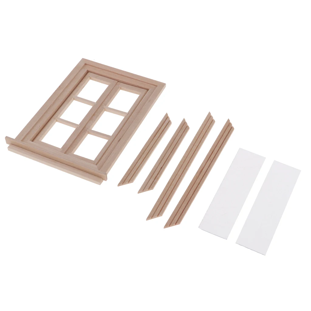 Unpainted Mini Wood 6 Pane Window & Frame & Glass Sheet for 1/12 Dollhouse Furniture Any Room Items Accessory