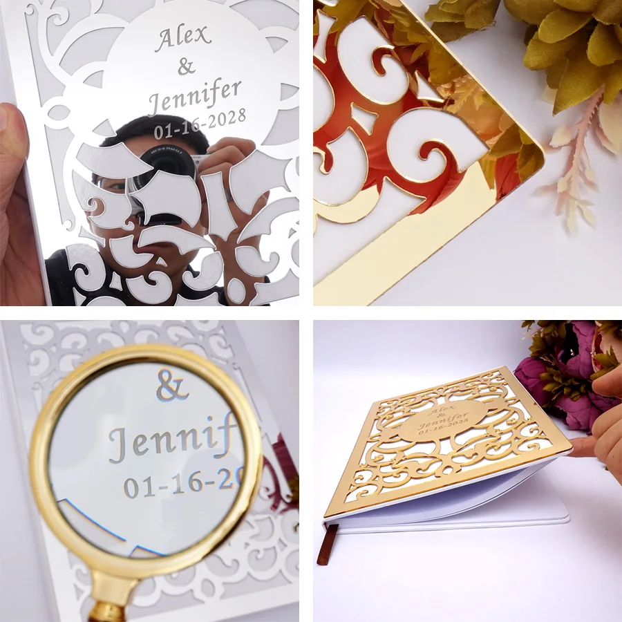 Ceny Niestandardowy symbol miłości podpis weselny księga gości spersonalizowane lustro przednia okładka panna młoda i pan młody sen Party Decor prezent dobrodziejstw