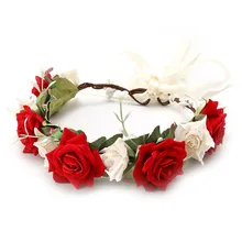 Женская Красная роза цветок корона для волос свадебный цветочный ободок лента-гирлянда бант для девочек цветок Венок Эластичные аксессуары для волос
