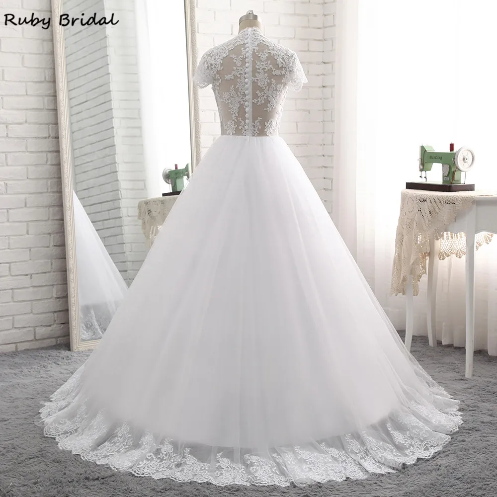 Ruby Bridal 2017 элегантное Vestido De Noiva длинное свадебное платье трапециевидной формы дешевые белые тюлевые аппликации с короткими рукавами