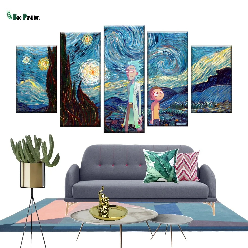 

Painting Style Wall Modular Pictures 5 Panel Rick And Morty Art Canvas For Living Room Cuadros Modern Framework Decoration