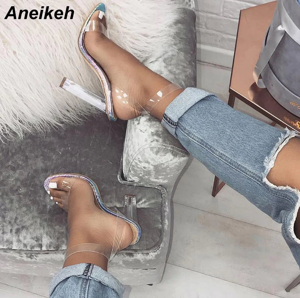 

Aneikeh Summer 2019 Mature PVC Women Sandals Transparent Round Toe Clear Glass Square High Heel Buckle Strap Wedding Silver-Blue