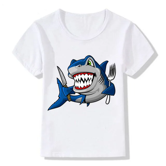 Новая забавная Футболка с принтом акулы детская футболка для мальчиков и девочек, От 1 до 12 лет, летние белые футболки