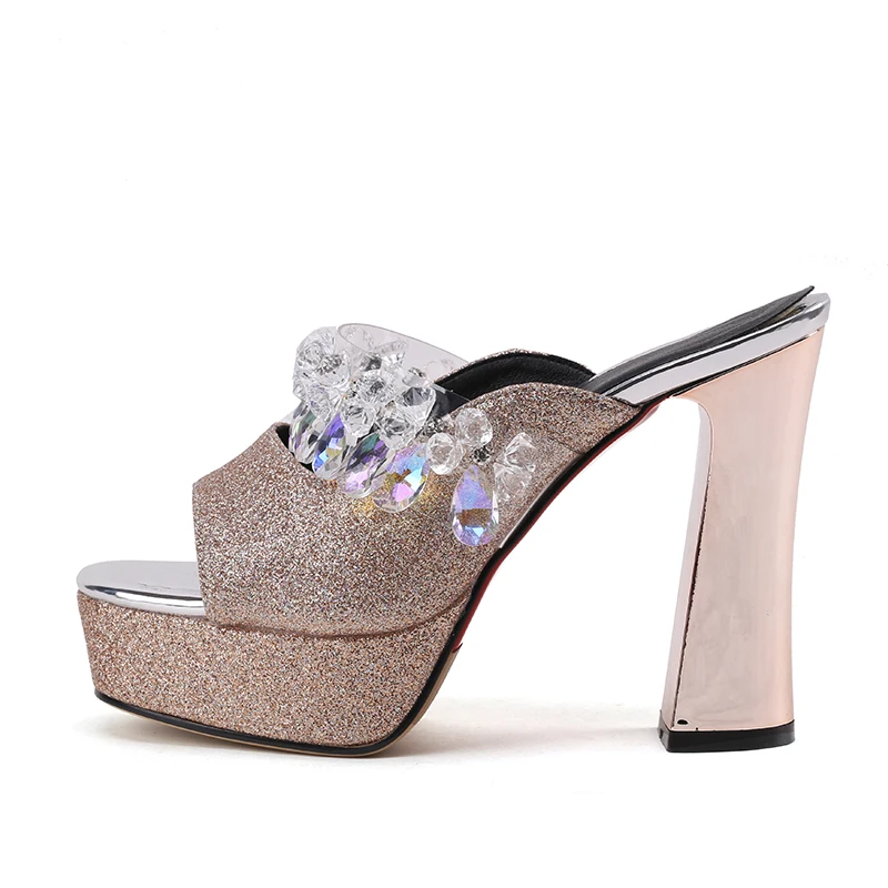 Estate Diapositives Peep Kiss Donna Pantofole Paillettes Bianco alti Crystal Wet Zeppe Oro Toe Shoes Trend Tacchi Donna Ciabatte wqfRgZw