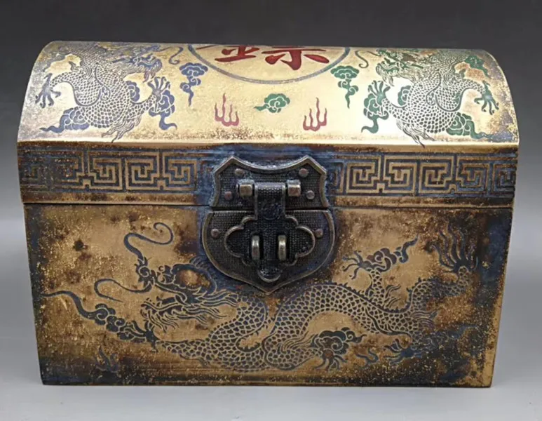 Chinese Retro brass Hand carved dragon Jewelry Box Furnishing supplies
