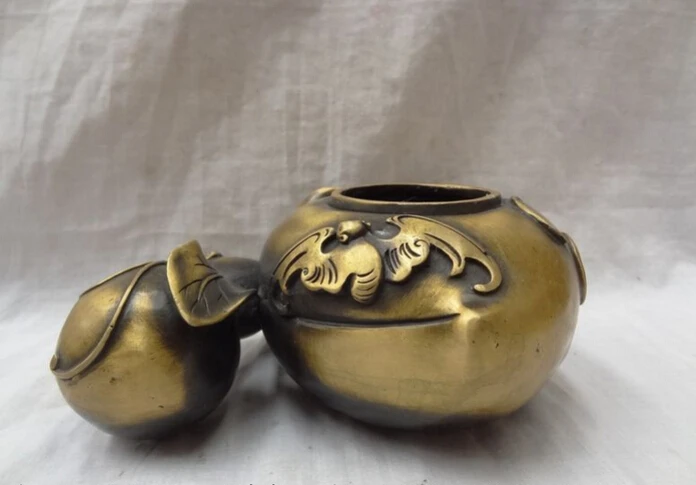 

S3048 8" Chinese Bronze FengShui Wealth Gourd Statue Shou Peach Shape Pot Bowl Jar D0317