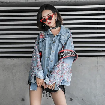 

jeans jacket women Fashion Print Graffiti Hip hop Denim jacket Zipper Patch Designs Loose Denim coat Womens Street Outerwear