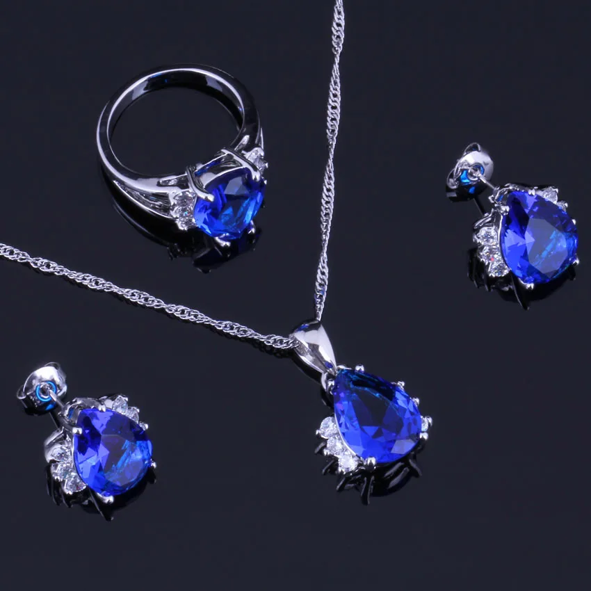 

Precious Blue Cubic Zirconia White CZ Silver Plated Jewelry Sets Earrings Pendant Chain Ring V0324
