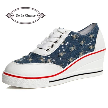 

De La Chance 2018 Fashion Women's Shoes Mesh Breathable Shoes Women Ladies Wedges Glitter Bling Platform Casual Shoes Denim Blue
