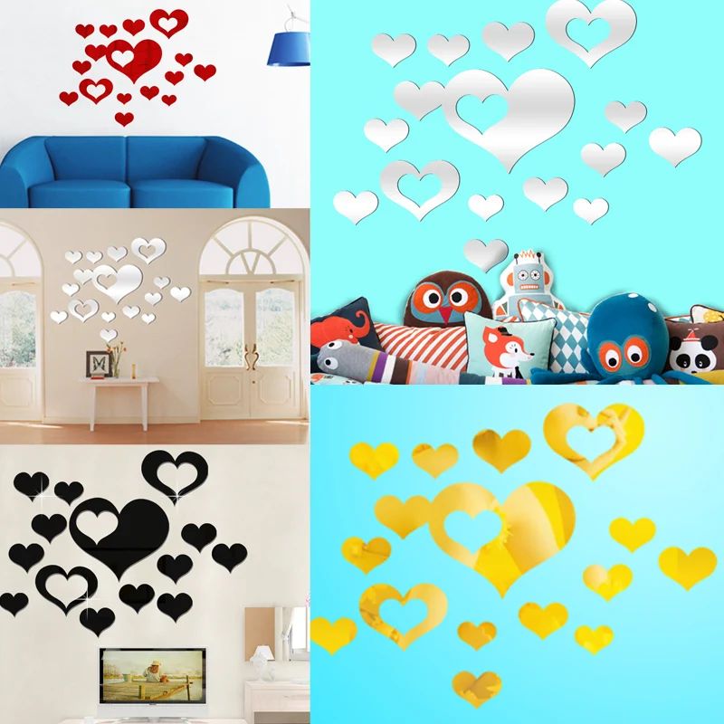 

16PCS A Set Baby Rooms Heart Shape DIY 3D Fashion Mirror Wall Stickers Home Decoration