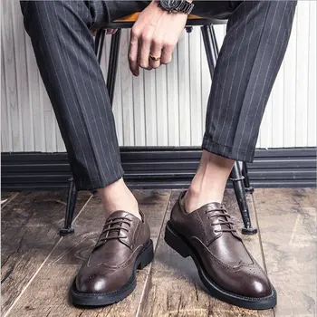 Картинка 2019новое поступление мужская деловая обувь Офисные деловые свадебные Одежда Обувь оксфорды Bullock дизайн ручной работы кожаные туфли большой ...