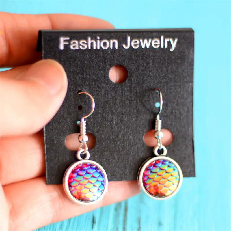 Ручной работы Drusy Смола Круглые бусы серьги Русалка рыбья чешуя Pattern моды Мода